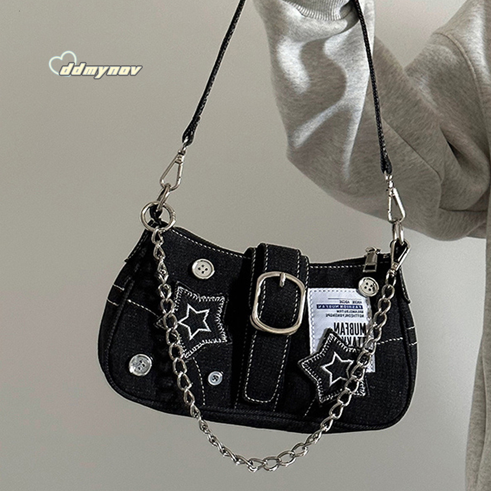 Y2K Millennial Underarm Women Button Denim Canvas Hot Girl Star Handbag Chain Bag ddmynov