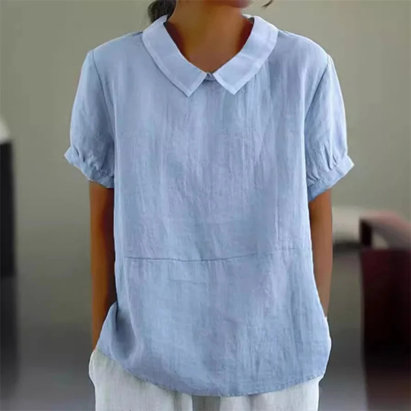 Solid Color Cotton Linen Lapel Pullover Shirt Women Summer Short Sleeve Blouse Female Comfortable Casual Simple Style Tops 250605