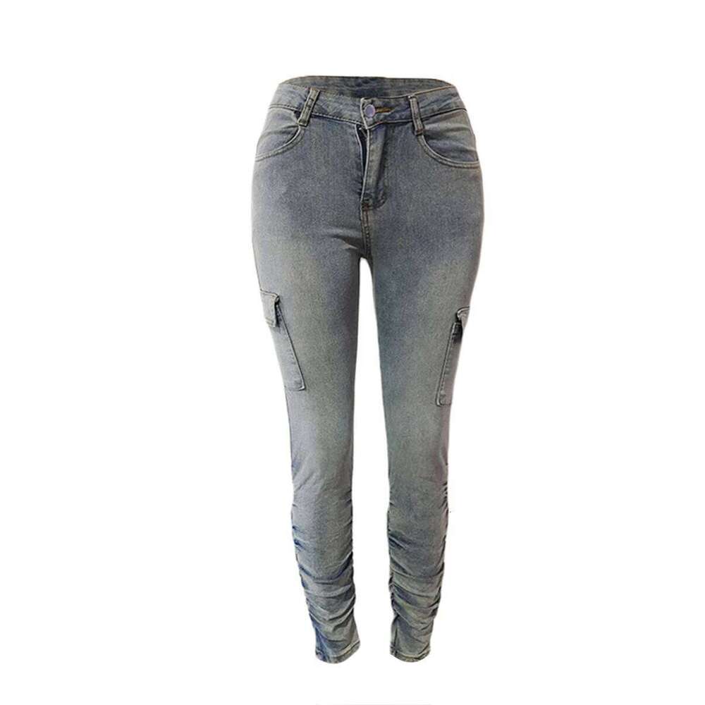LW Plus Size High Waist Side Flap Pocket Cargo Women Zipper Ruched Design Jeans Causal Skinny Long Trouser