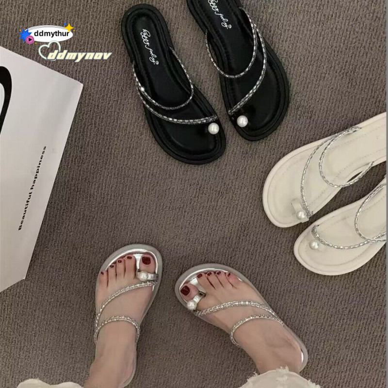 Toe Post Flat for Women Summer Outdoor 2024 New Pearl Beach Sandals Fashion Ins Fairy Style ddmynov