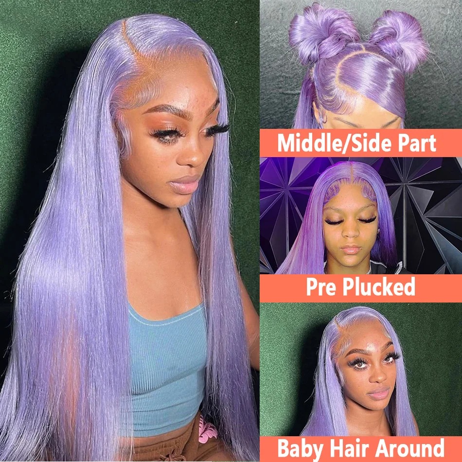 Purple Color Straight Human Hair Wig HD Transparent Bleached PrePlucked Lace Front Wig Violet Purple Wigs Synthetic