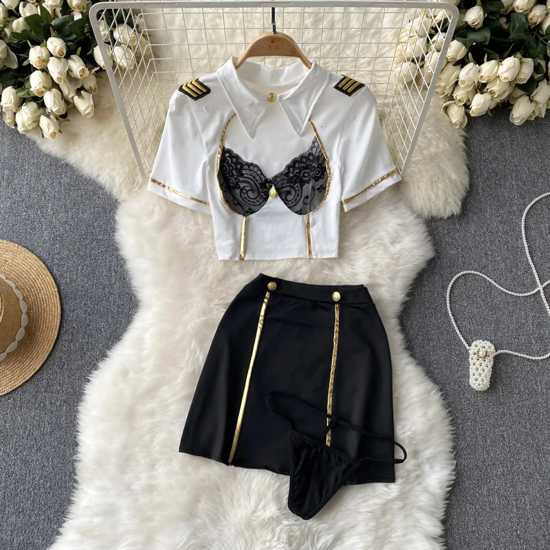 Sexy Suits Lace Patchwork Turn-down Collar Tops Mini Skirt Underpants 3 Pieces Erotic Pajamas Sets Cosplay Captain Women Clothes 250603
