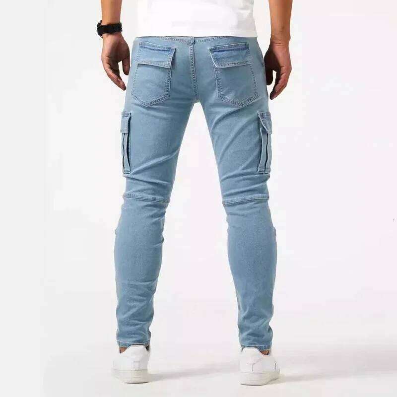Men Casual Pencil Male Elastic Multi Pocket Small Slim High Street Denim Pants Wash Solid Color Mid Waist Cargo Jeans