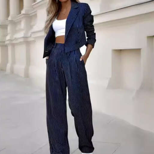 Women's Fashion Elegant Casual Striped Short Lapel Blazer Straight Pants Set B5