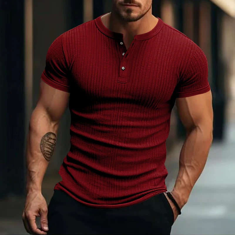 Mens Stylish Stripe Knit T-shirt -Fashionable Henley Neck Short Sleeves Soft Breathable - Perfect Comfy Tops for Leisurewear 250605