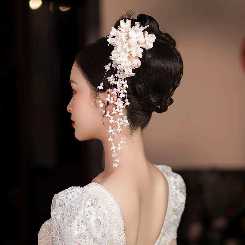 Flower Hair Barrettes Bridal Wedding Tiara Flower Pearl Tassel Hairpin Wedding Hair Accessories Z250605