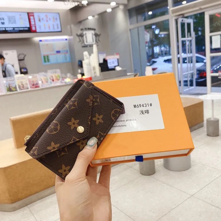 Designer Womens Card Holder Small Zippy Wallets Key Coin Purse Brown Flower Genuine Leather Luxury Mens Designer Wallet Keychain Pouch CardHolder