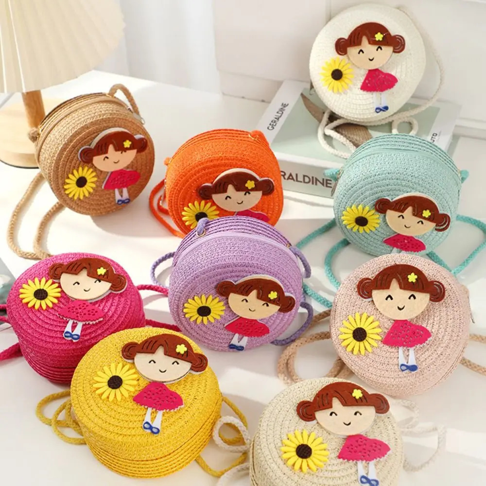 Children Flower Crossbody Bag Handmade Woven Messenger Durable Small Straw Handbag Shoulder Summer Girls Kids Coin Purse 250605