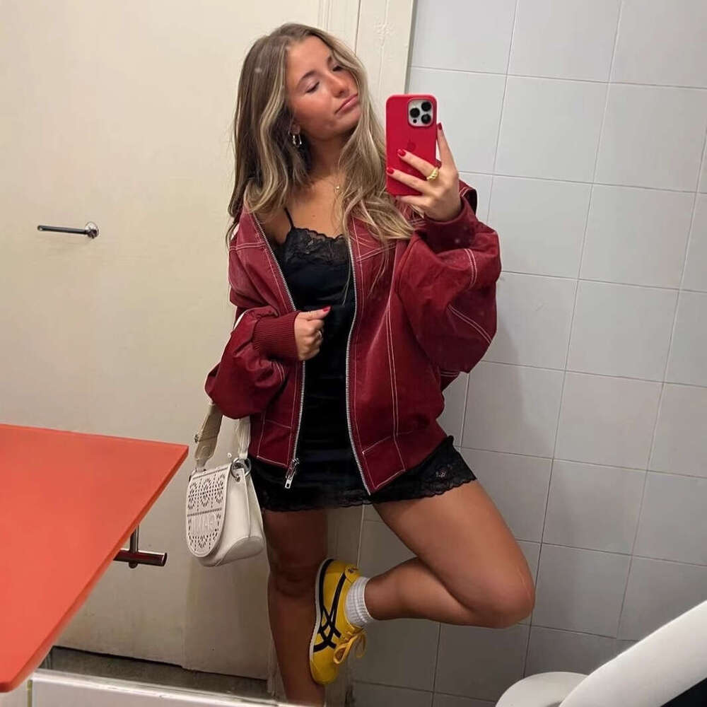 Women's Autumn Winter Casual PU Jacket Motorcycle Style Loose Leather Coat B5