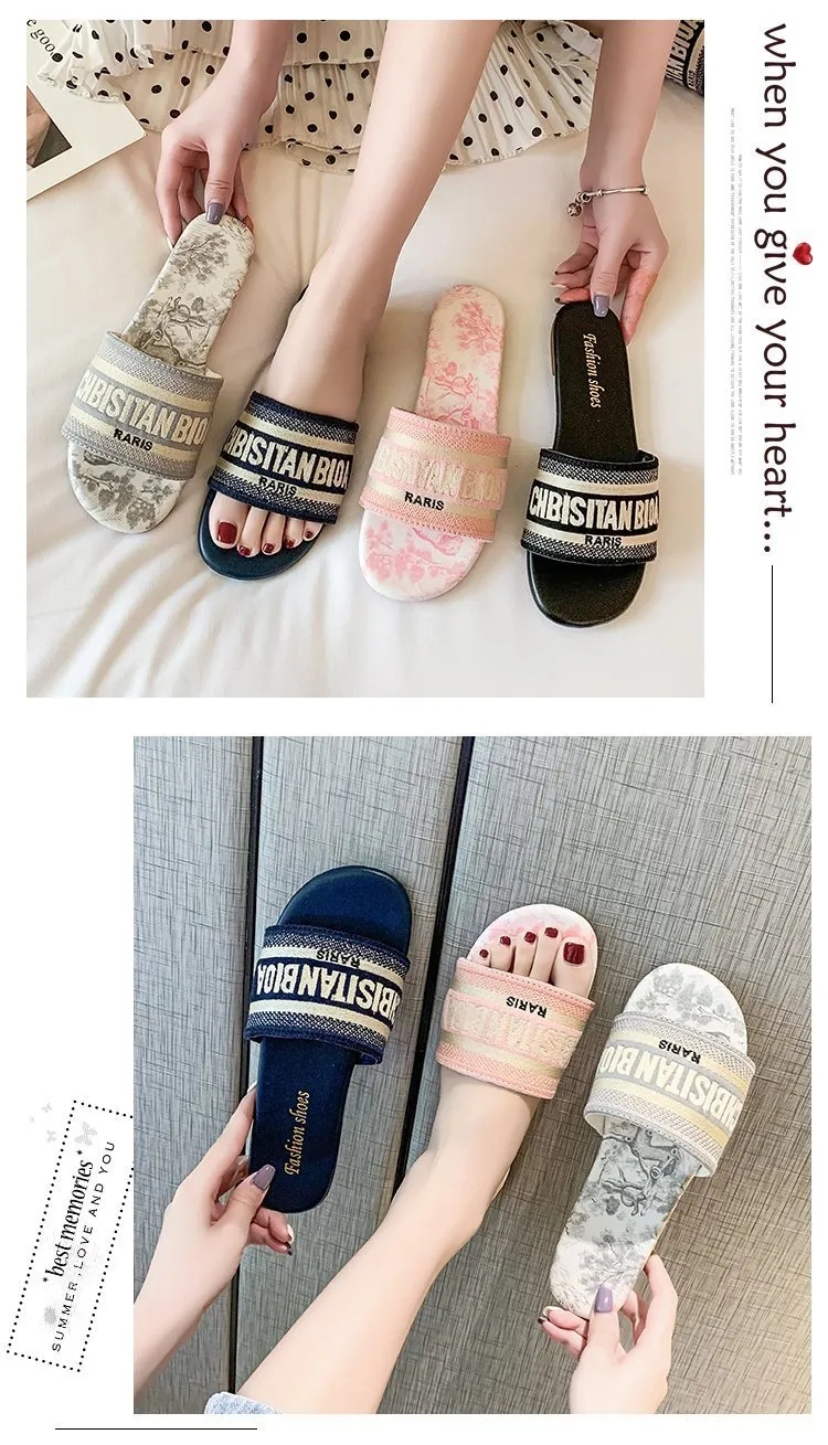 2025 New Women's Designer Embroidered Slide Slippers - Blue & Pink Fashion Flats | Free Shipping | Summer Home & Outdoor Sandals