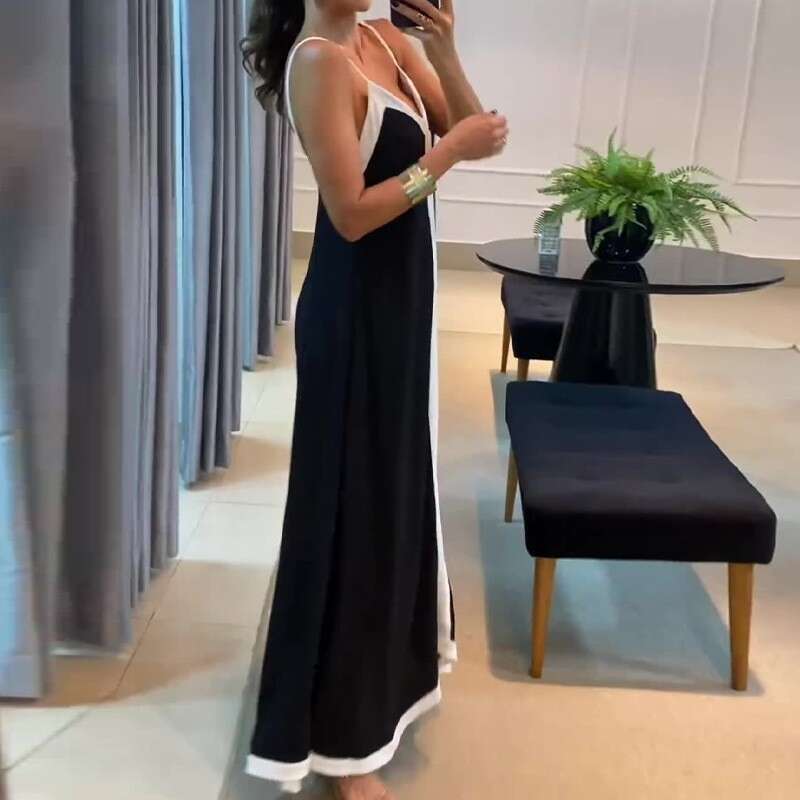 Women's Fashion Elegant Color-Block V-Neck Long Slip Dress B5