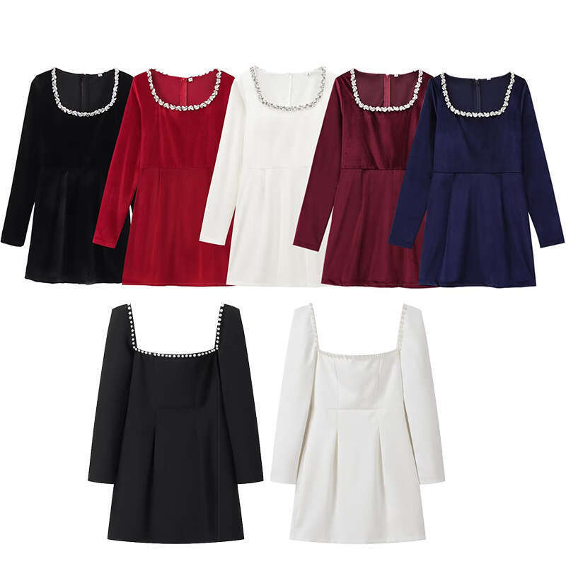Women's Autumn Winter New Rhinestone Embellished Long Sleeve French Waist-Cinching Elegant Velvet Mini Dress B5