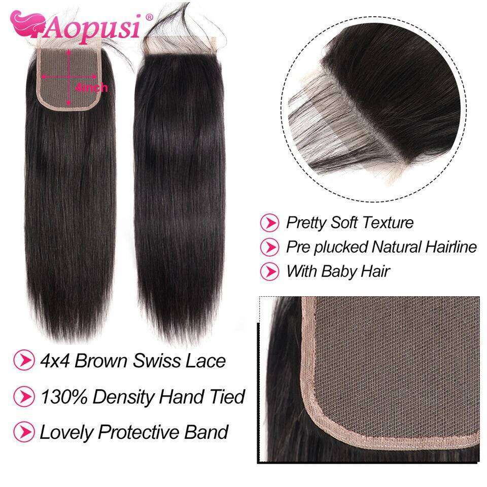Aopusi 8-30 Inch Straight Bundles Closure Brazilian Remy Human Hair Extension With 4X4 Lace Jet/Natural Black