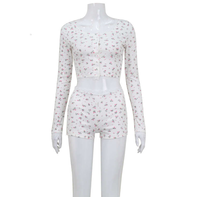 Floral Print Set Low-Cut Round Neck Tight Long Sleeve Top Shorts Loungewear B5