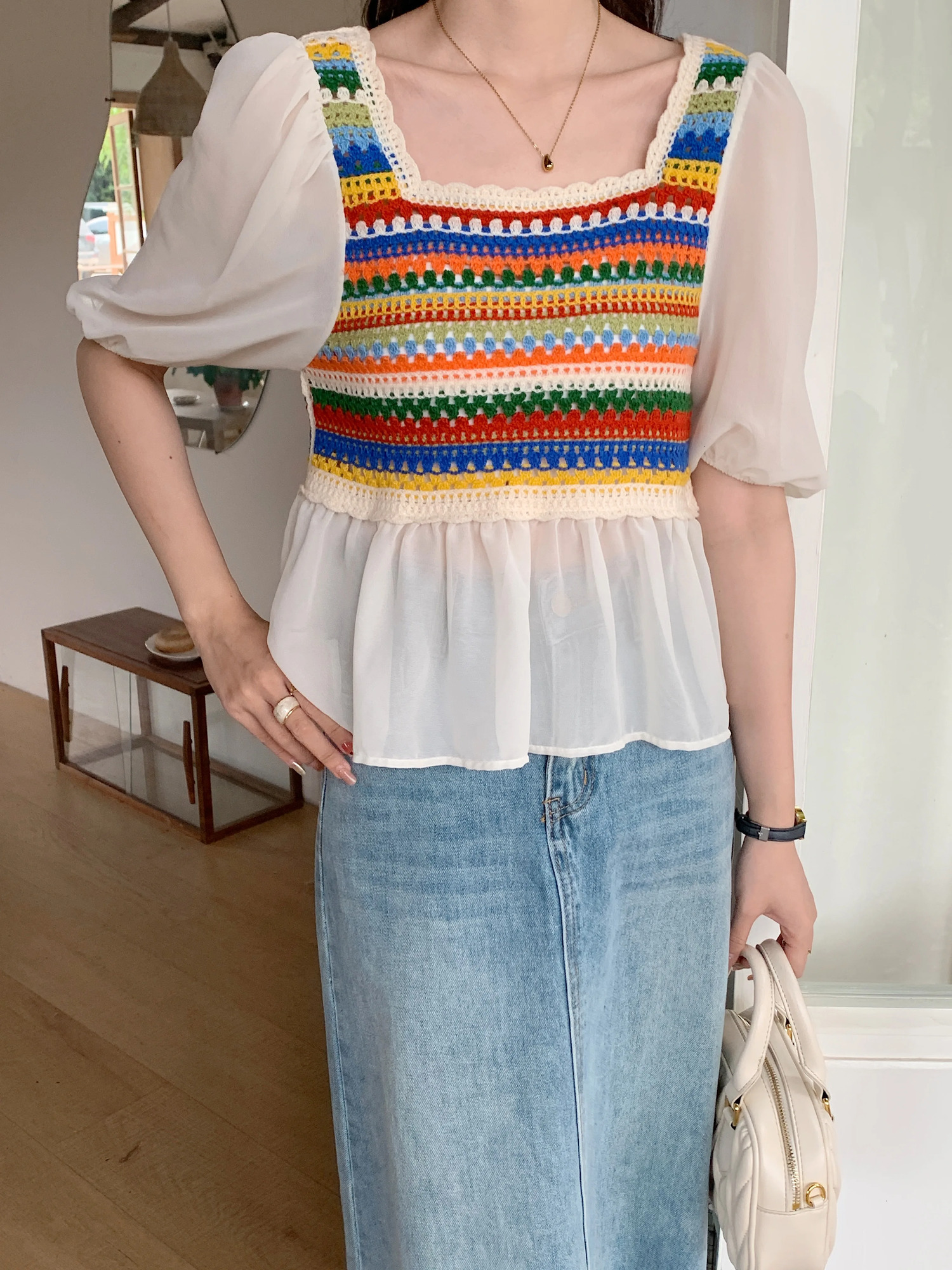 Rainbow Striped Crochet Knit Top for Women Square Neck Chiffon Half Sleeve Blouse Fairycore Cottagecore Spring Summer Outfit 250530