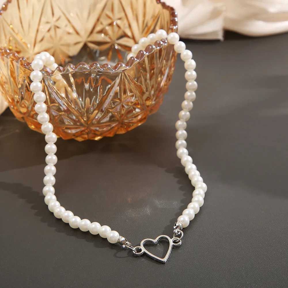 French Vintage Pearl Chain Necklace For Women Fashion Silver Color Lover Heart Choker Simple Women Collar Ladies Jewelry Gift Y250605