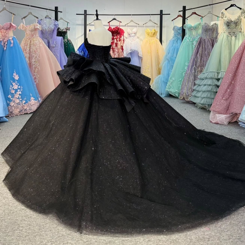 Black Shiny Off The Shoulder Ball Gown Quinceanera Dresses Beading Crystal Tull Sweet 16 Dress vestidos 15 De Anos