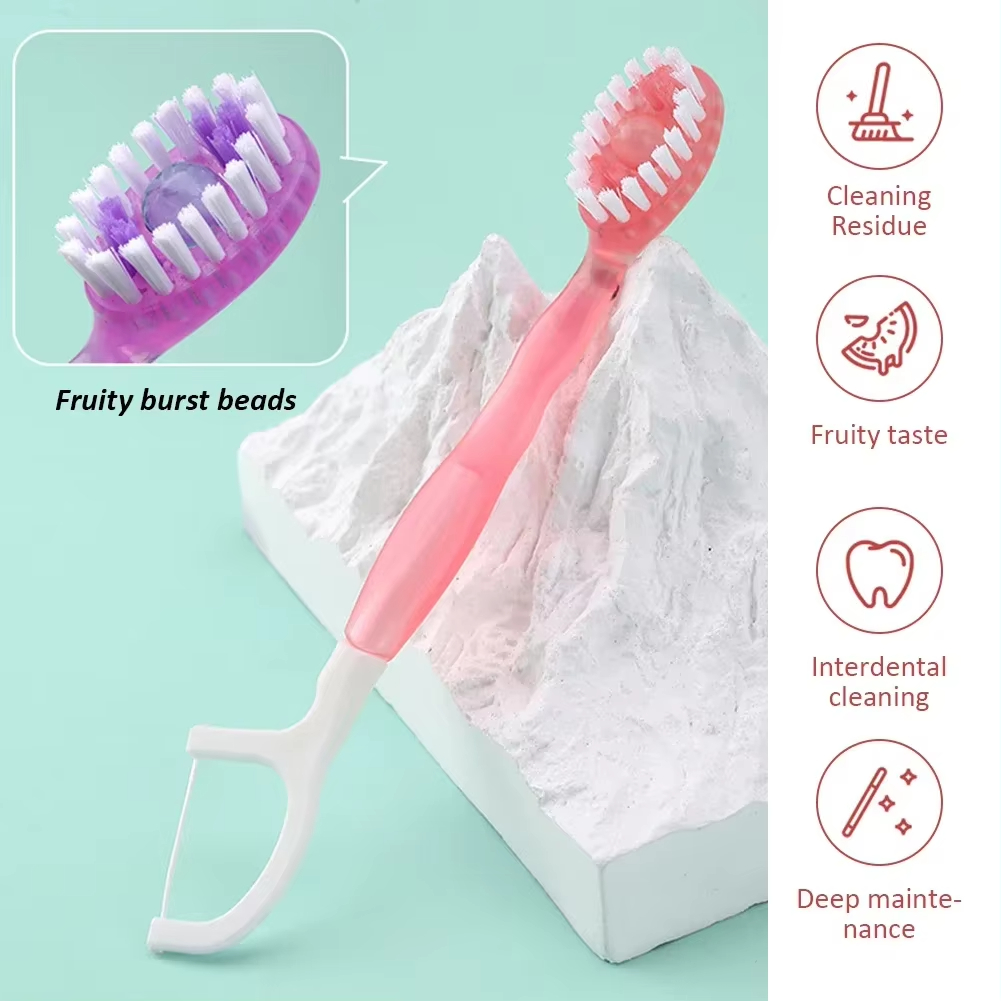 5 in 1 Mini Disposable Double Cleaning Beads Soft Brushes Toothbrushes,with Toothpaste + Tongue Scraper + Picks + Floss,Work or Travel Portable Oral C