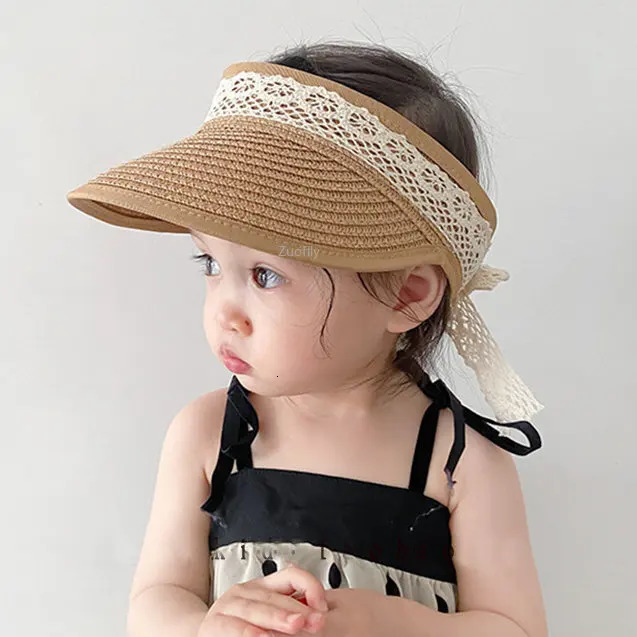 Korea Style Baby Straw Caps Kids Sun Hats Empty Top Big Bow Hat Child Straw Sunshade Sunscreen Hats Baby Accessories born 250603