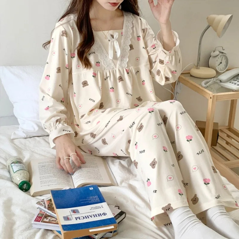 Four Seasons Women Sleepwear Plus Size Cartoon Heart Print Long Sleeve Cute Princess Style Summer Simple Casual Homewear 250530