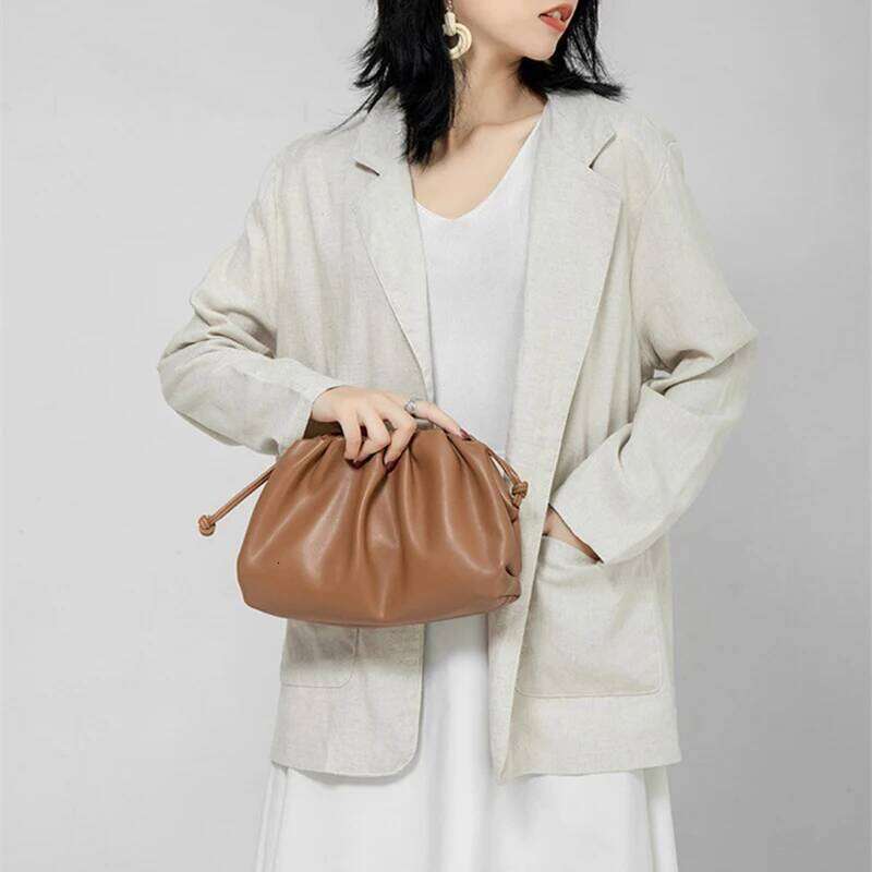 Brand Pleated Cloud Genuine Leather Exquisite Clutch Women Drawstring Fashion Elegant High Quality Shoulder Bag
