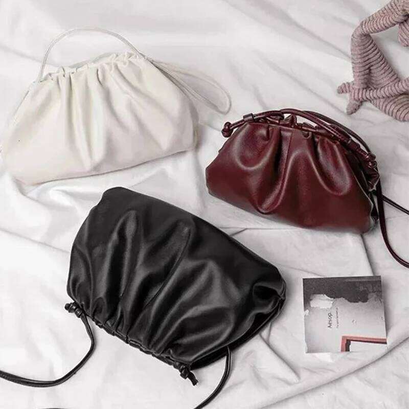 Brand Pleated Cloud Genuine Leather Exquisite Clutch Women Drawstring Fashion Elegant High Quality Shoulder Bag