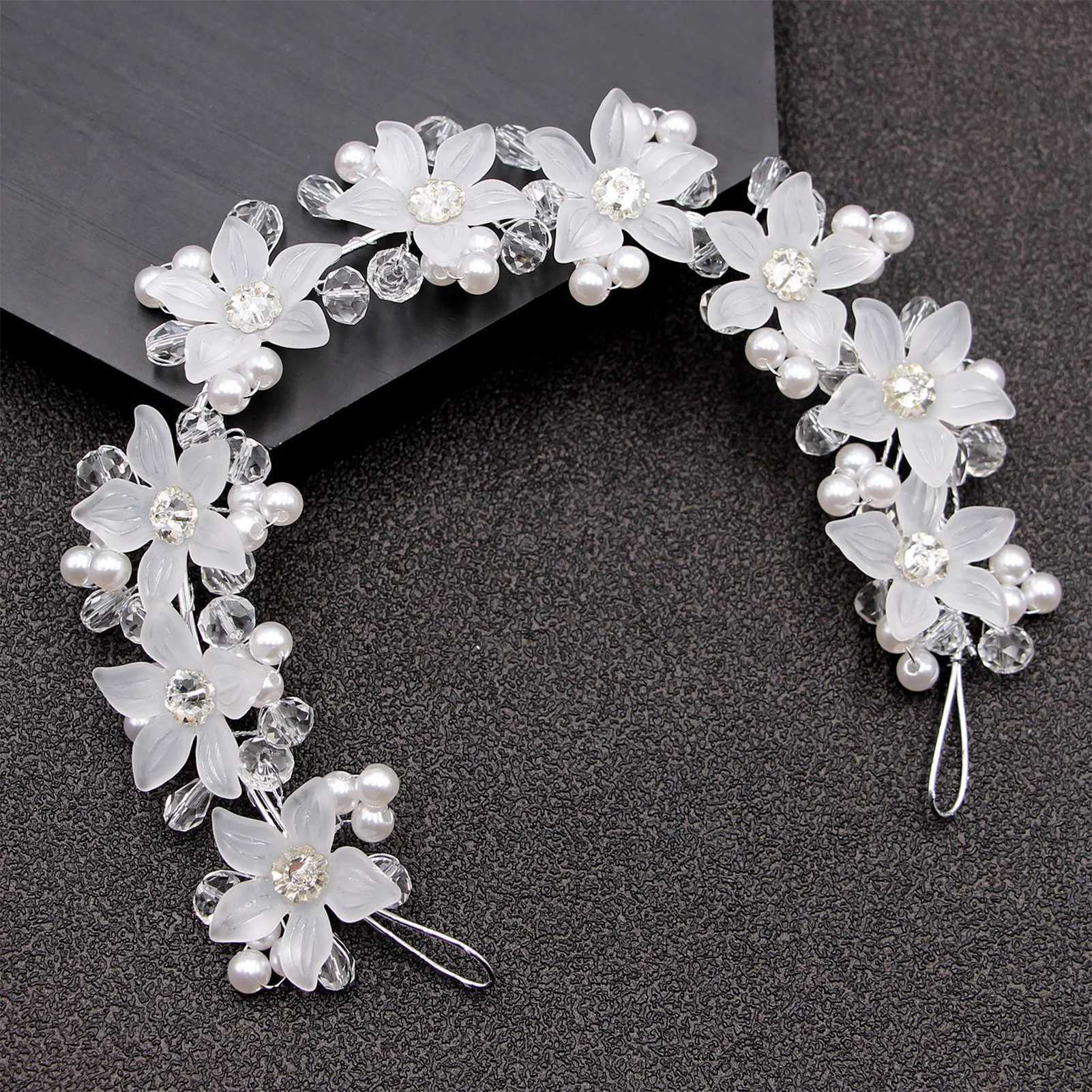 White Acrylic Flower Headbands Wedding Hairbands Elastic Headwear for Bride Hair Accessories Pearl Rhinestone Headpieces Z250605