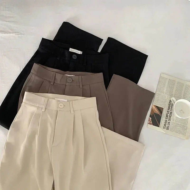 HELIAR Women Suit Pants High Waist Summer Straight Office Ladies Korean Fashion Trousers Casual Button Loose Female Pant 250605