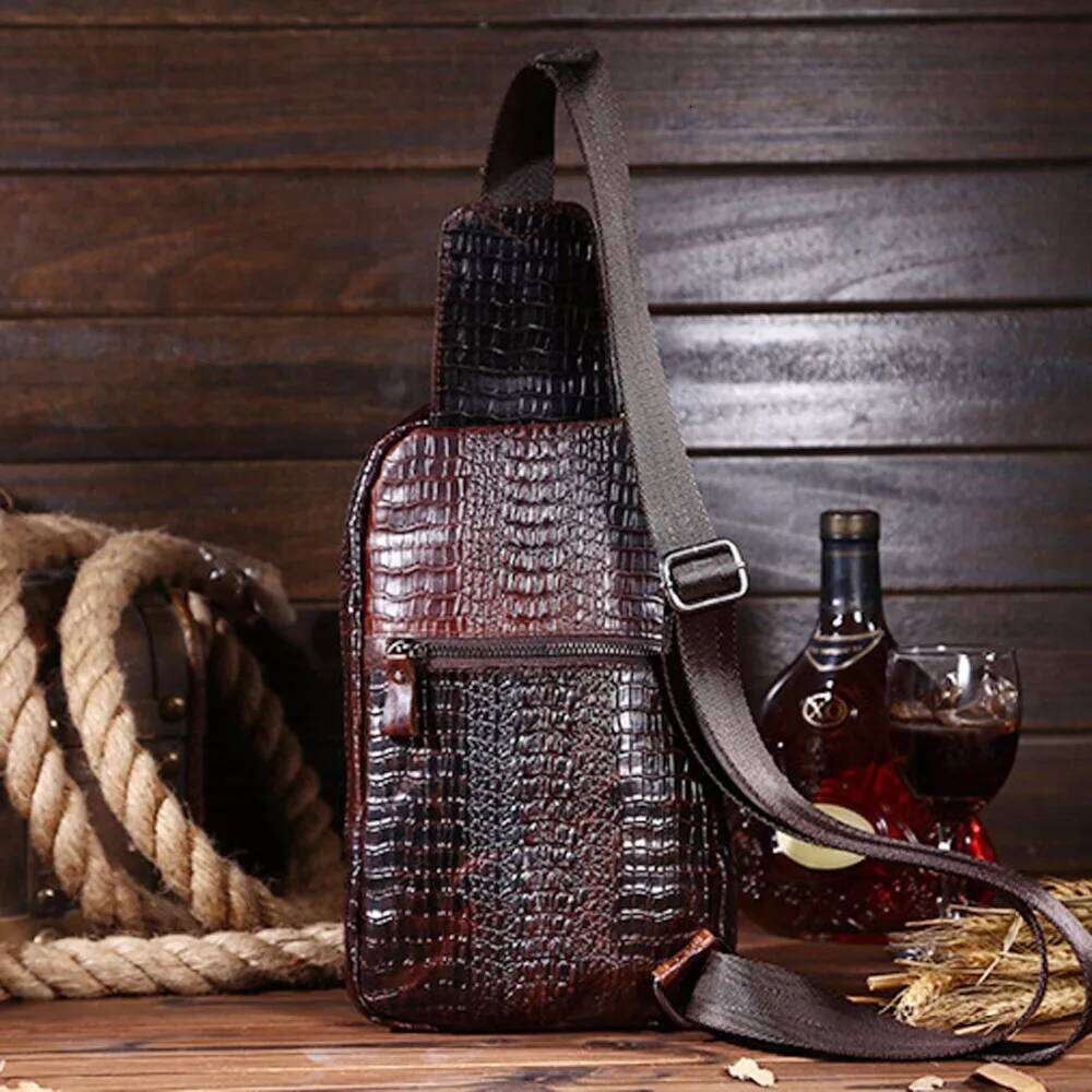 Men Cross Body Shoulder Chest Sling Backpack Genuine Leather Crocodile Pattern Real Cowhide Travel Male Side Messenger Bag