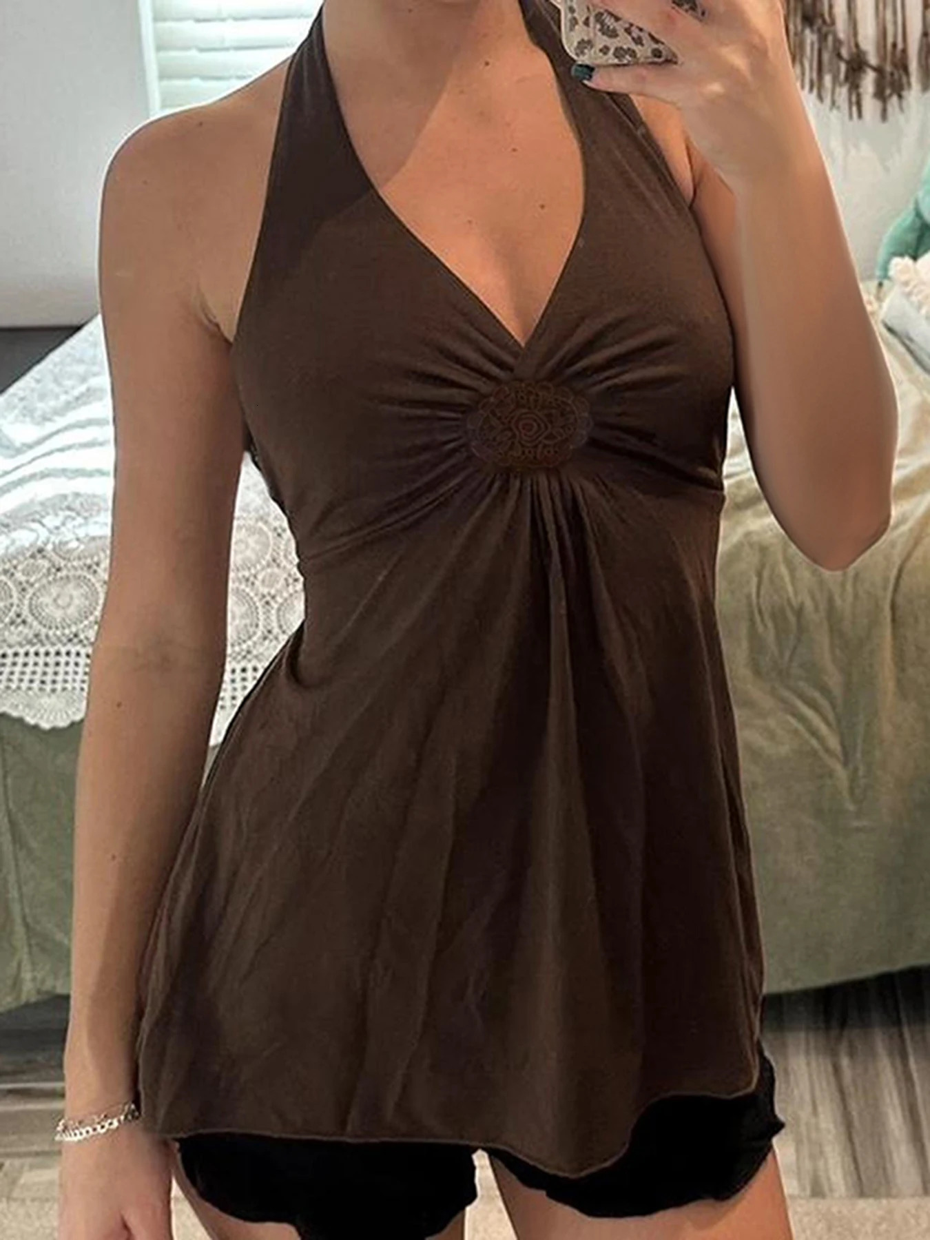 Fashion Solid Simple Embroidered Ruched Women Halter Tops Backless Sexy tie Summer Tanks 250605