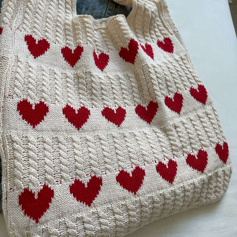 New Knitted Woven Heart-Shaped Women's High-End Exquisite Yarn Handbag Shoulder Shopping Bag B5