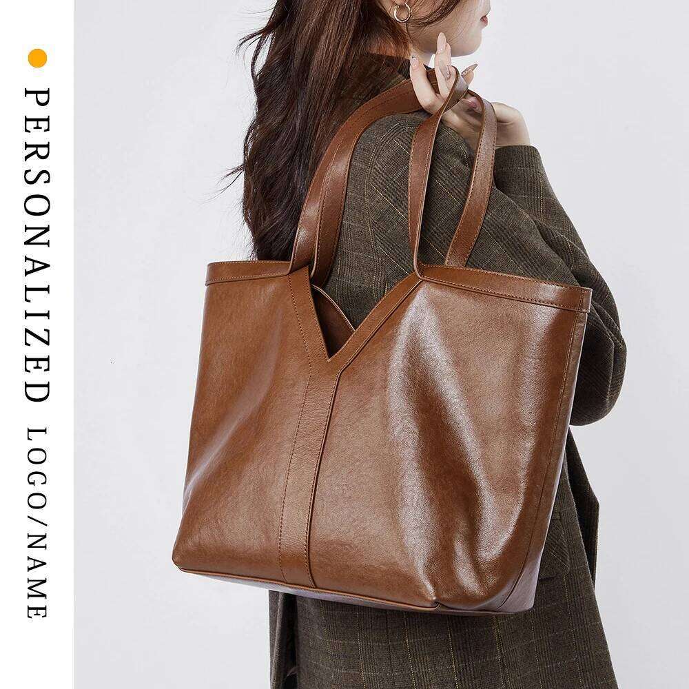 Free Custom-Made Genuine 2025 Leather Tote Shoulder Large Capacity Women's Armpit Handbag Cowhide Bag