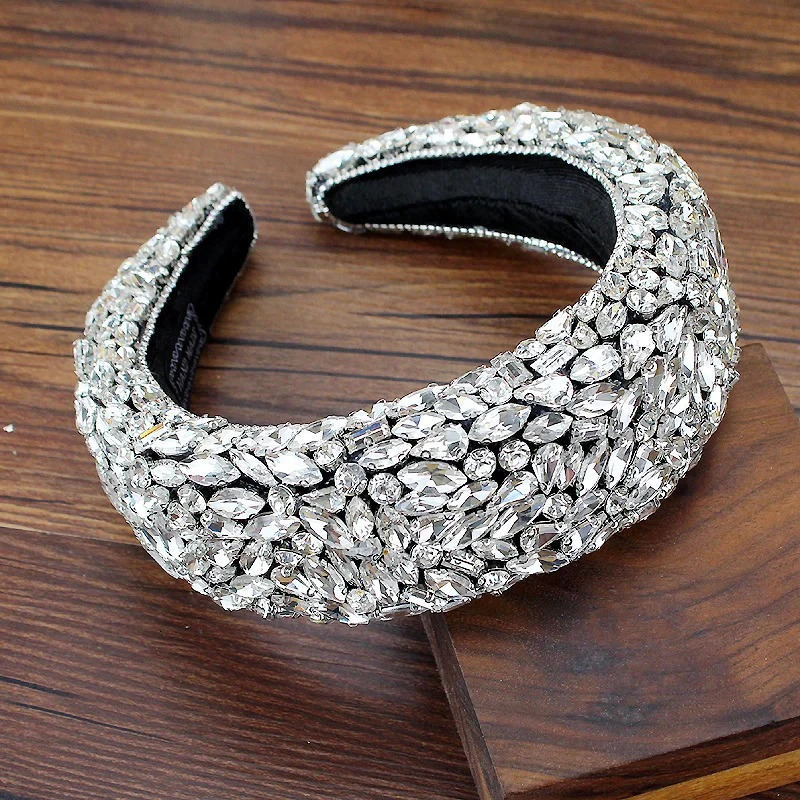 Large Silver Color Crystal Gem Headbands Padded Shiny Rhinestone Bridal Hairbands For Women Wedding Hair Accessories 250529
