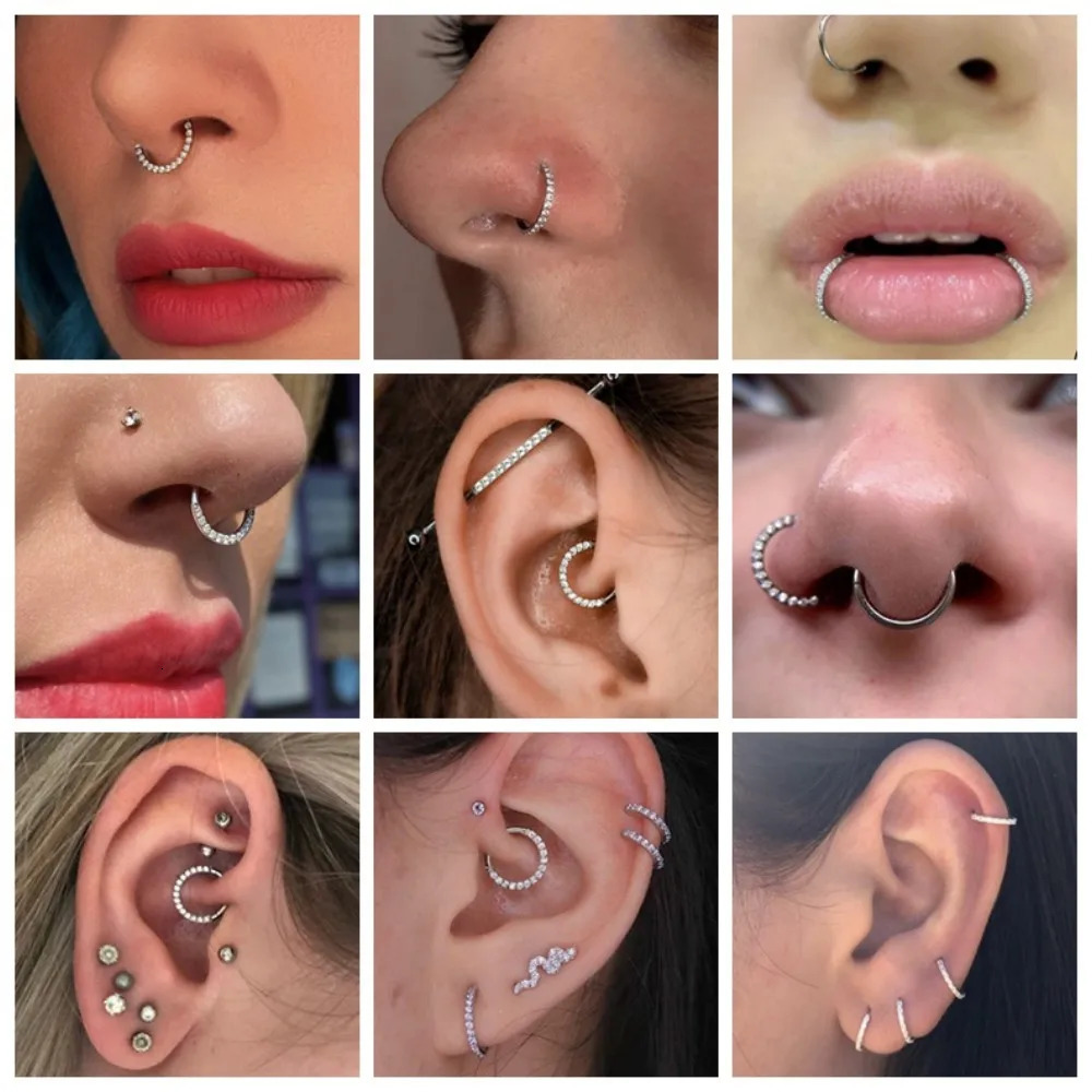 G23 Multi Zircon Nose Ring Hoop 6/8/10/12mm Septum Hinged Clicker Lip Ear Helix Tragus Piercing Jewellery 250605