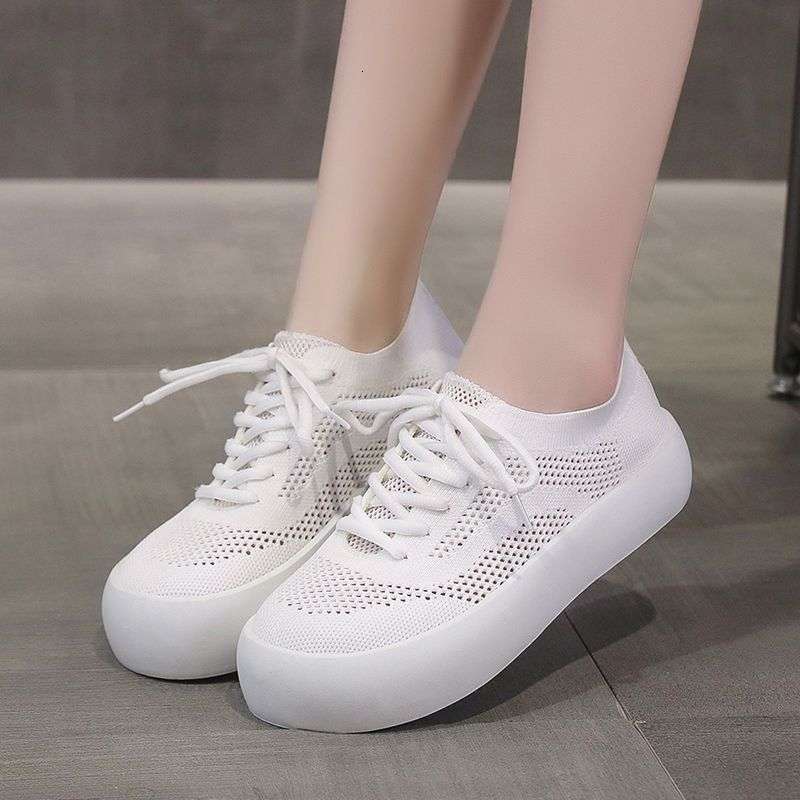 Mesh Breathable White Sneakers Summer New Versatile Fashion Flyknit Thick Sole Sports Casual Shoes Lace Up Single Shoes For Women Ddmysaturn