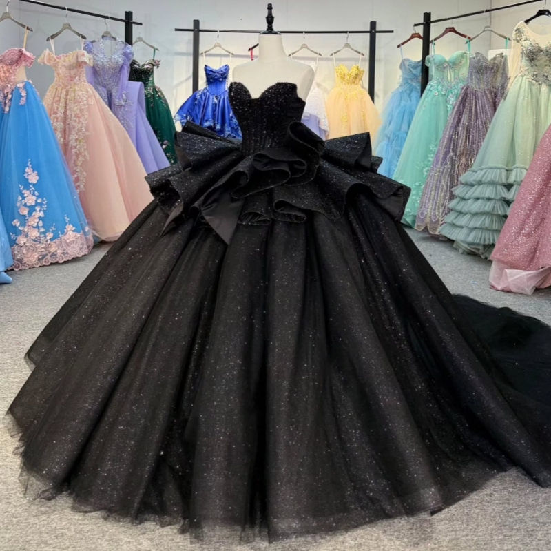 Black Shiny Off The Shoulder Ball Gown Quinceanera Dresses Beading Crystal Tull Sweet 16 Dress vestidos 15 De Anos