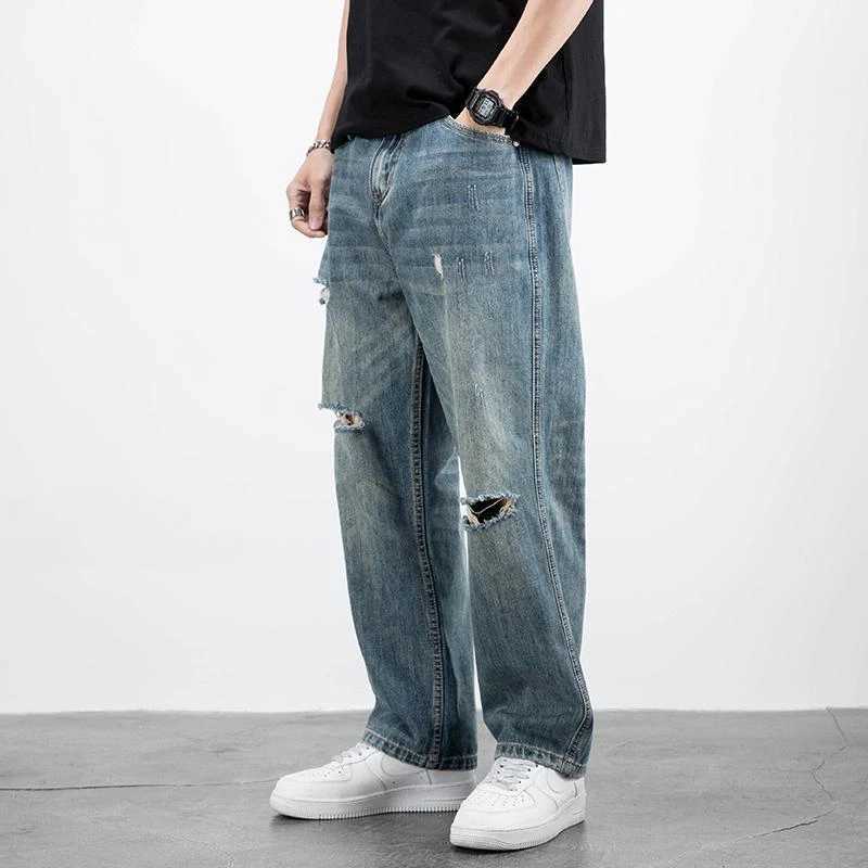 Mens Jeans Broken Straight Trousers Ripped with Holes Loose Torn Wide Leg Male Cowboy Pants Baggy 2024 Korean Autumn New in Xs Z250605