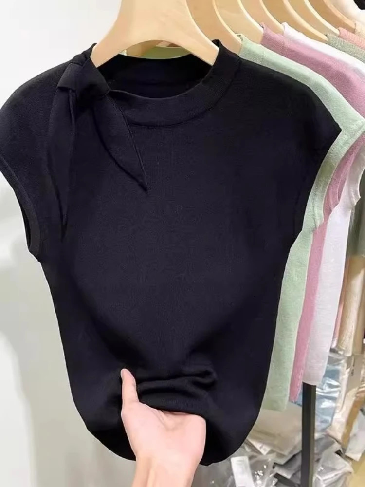 AOSSVIAO 2025 Womens Short Sleeve Round Neck Knit Sweater Summer Slim Fit Versatile Pullover Laceup Fashion Female Clothes 250530