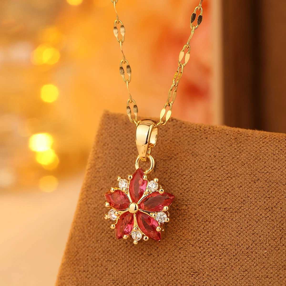 New Sweet Pink Cherry Blossoms Pendant Stainless Steel Necklaces For Women Korean Fashion Temperament Clavicle Chain Jewelry Y250605