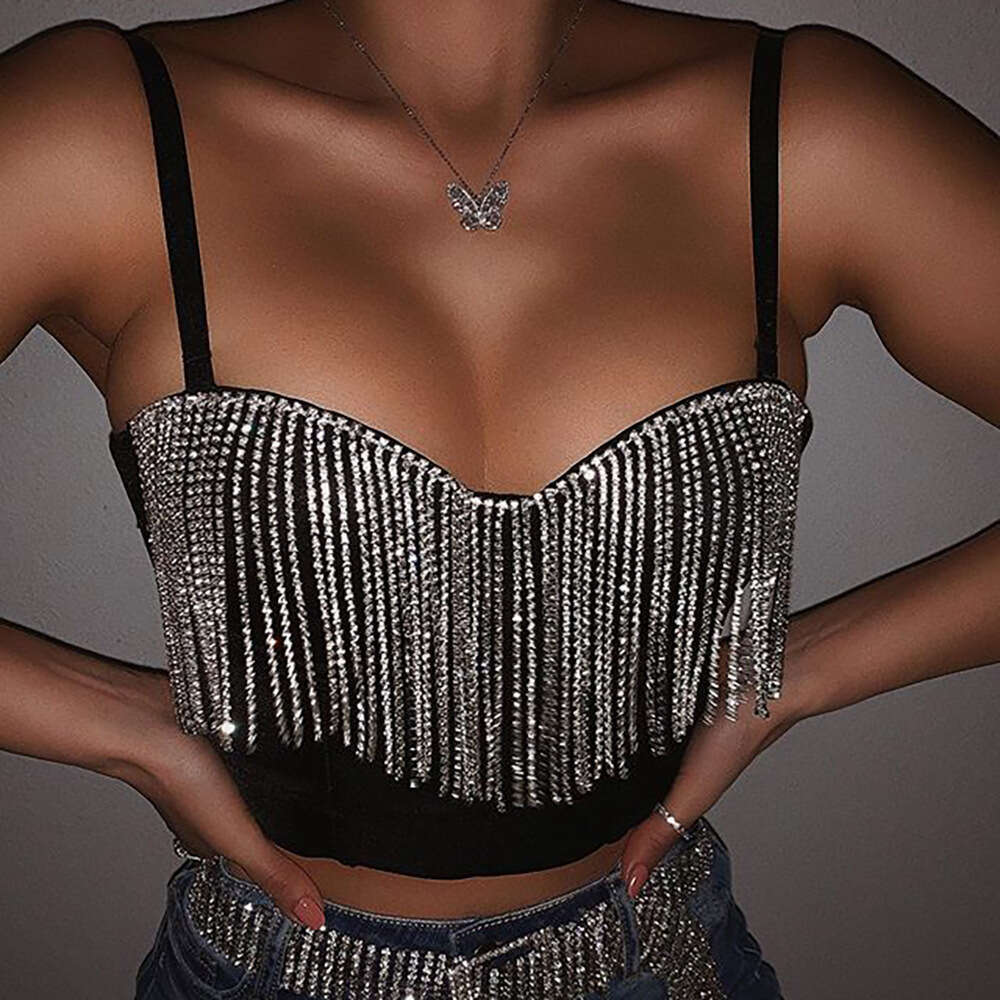 Ins Style Women's Low-Cut Sexy Backless Rhinestone Tassel Strap Short Vest Mature Top T-Shirt Trend B5