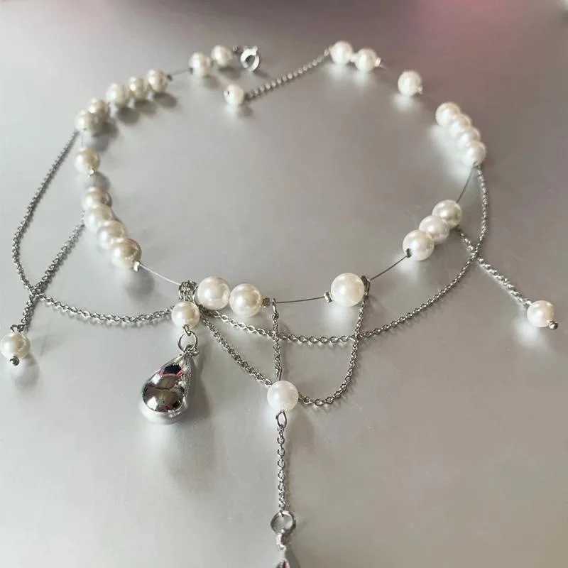 Elegant Water Drop Tassel Pearl Necklace for Women French Exquisite Round Beads Bilayer Choker Y2K Accessories Fashion Jewelry Y250605