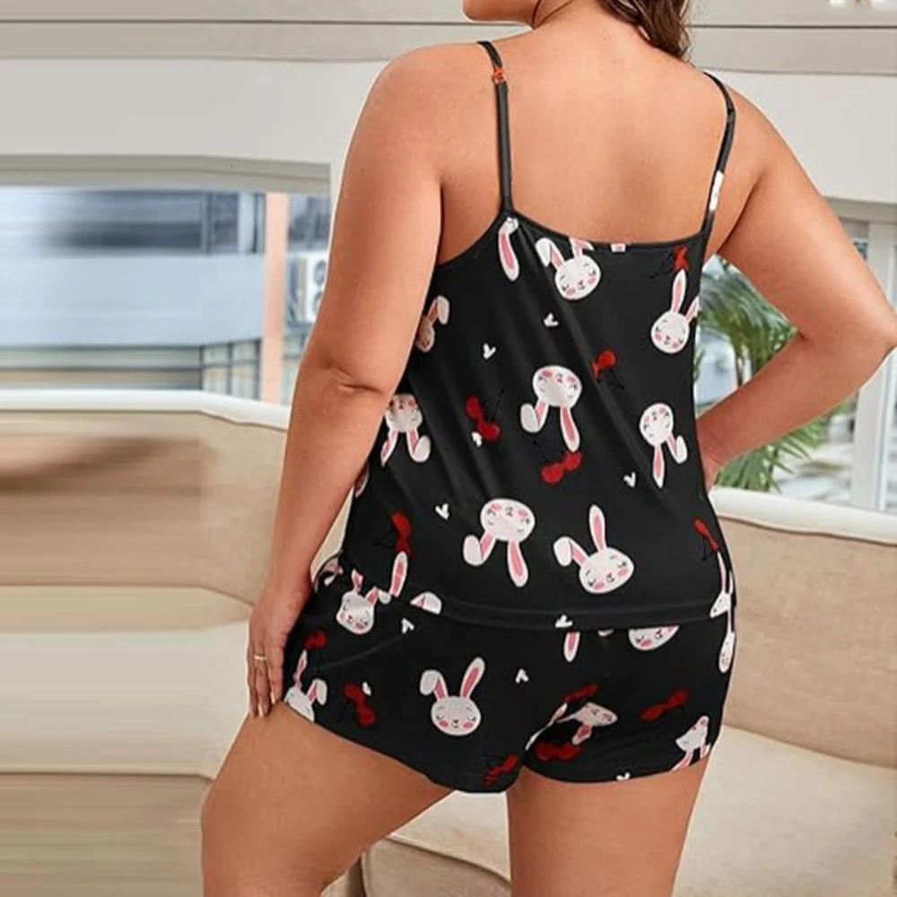 Cherry Print Plus Size Womens Pajamas Set Sleeveless Top Shorts Summer Nightwear Lounger Homewear 2 Pieces Female Sleepwear 250530