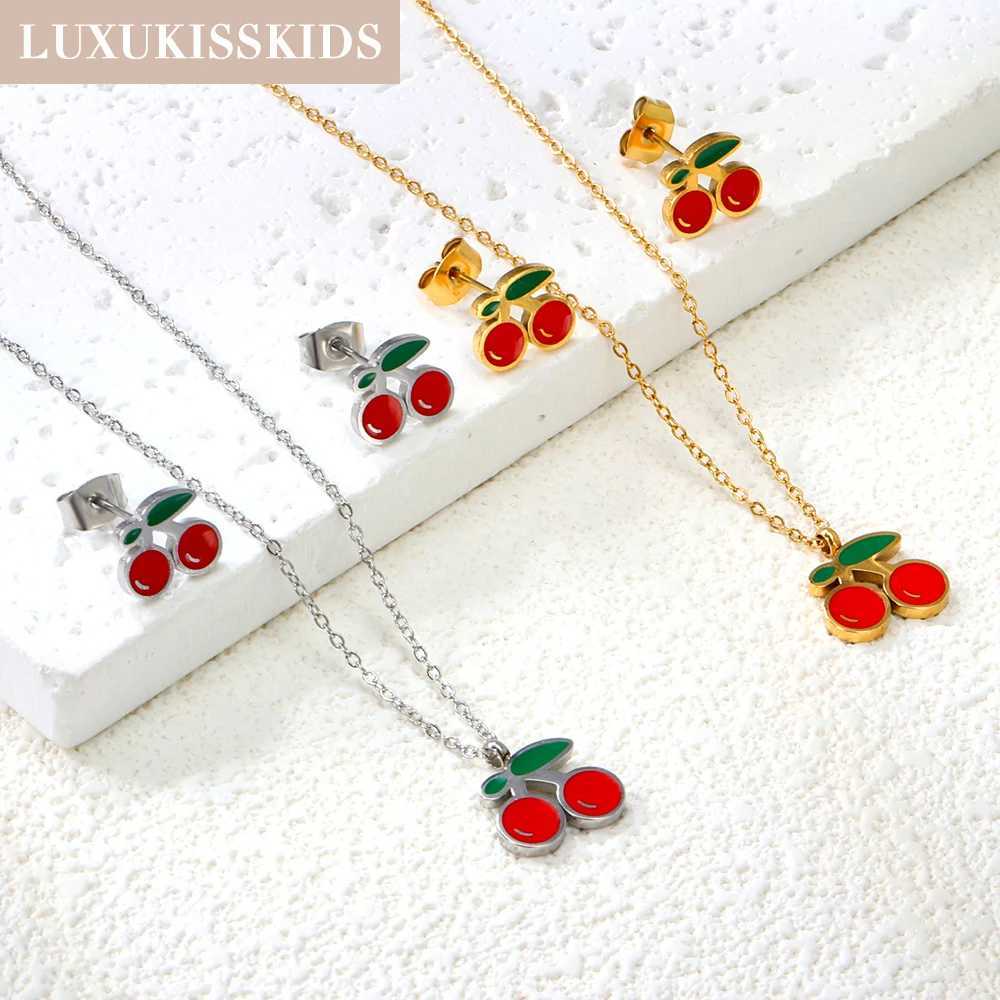 LUXUKISSKIDS Cherry Blossom Charms Jewelry Set Fashion Cute Red Cherries Pendant Necklace with Earrings Girls Pink Color Jewelry Y250605