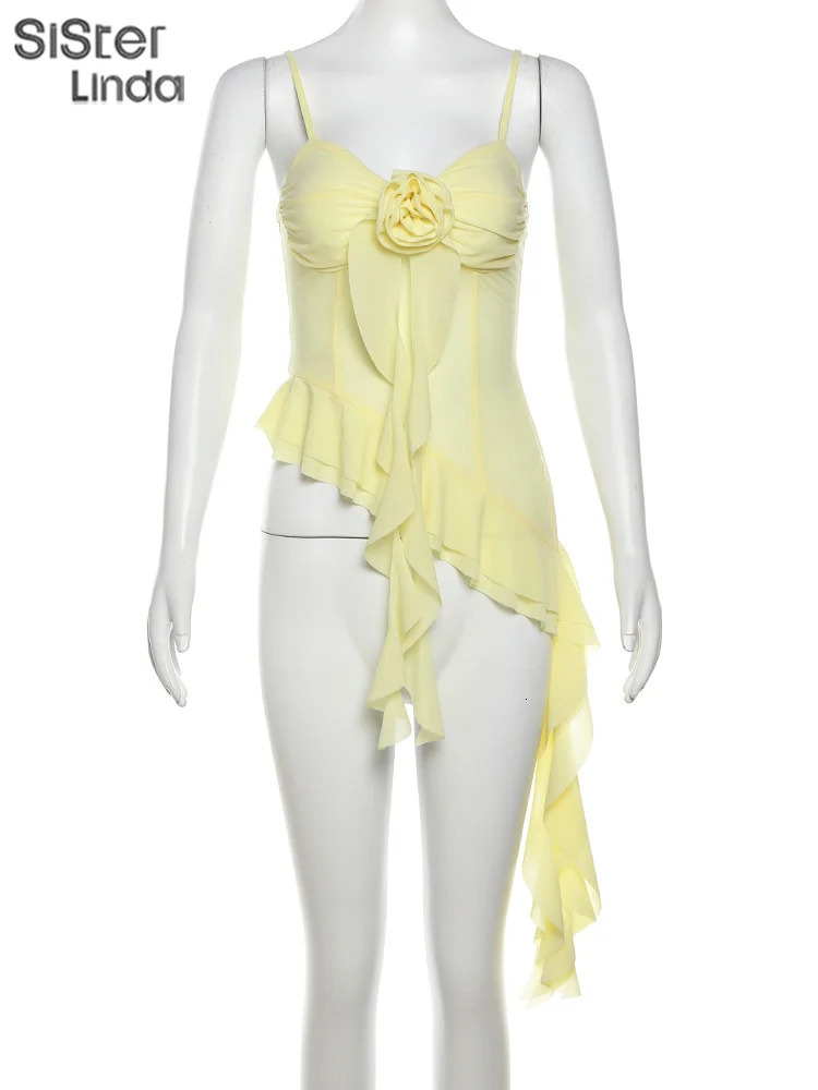 High Quality Womens Sexy Suspender Top In Spring And Summer Low Cut Backless Yellow Flower Decorated Womens Top 250605