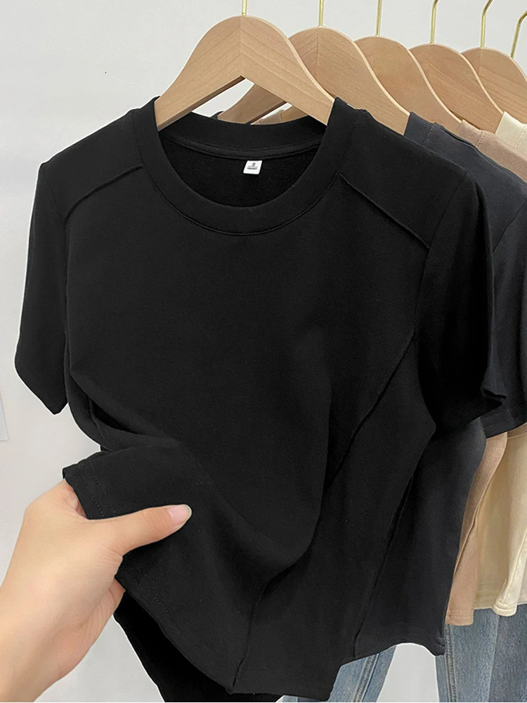 Solid color round-neck short-sleeved slim T-shirt for women 2025 summer and Europe 250605