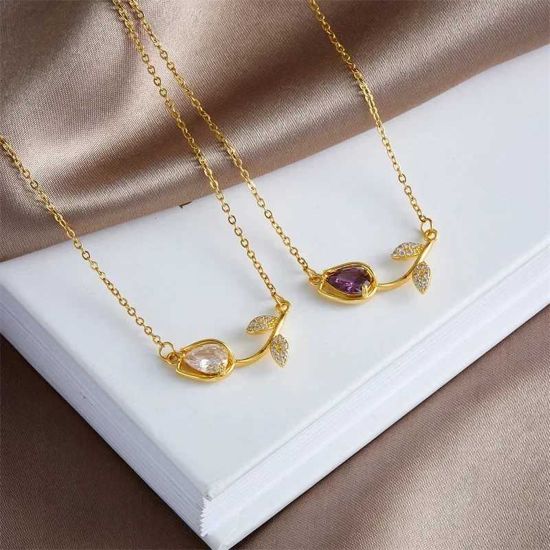 Sweet Colorful Zircon Tulip Pendant Necklaces for Women Girls Stainless Steel Trendy Romantic Jewelry Accessories Gifts Y250605