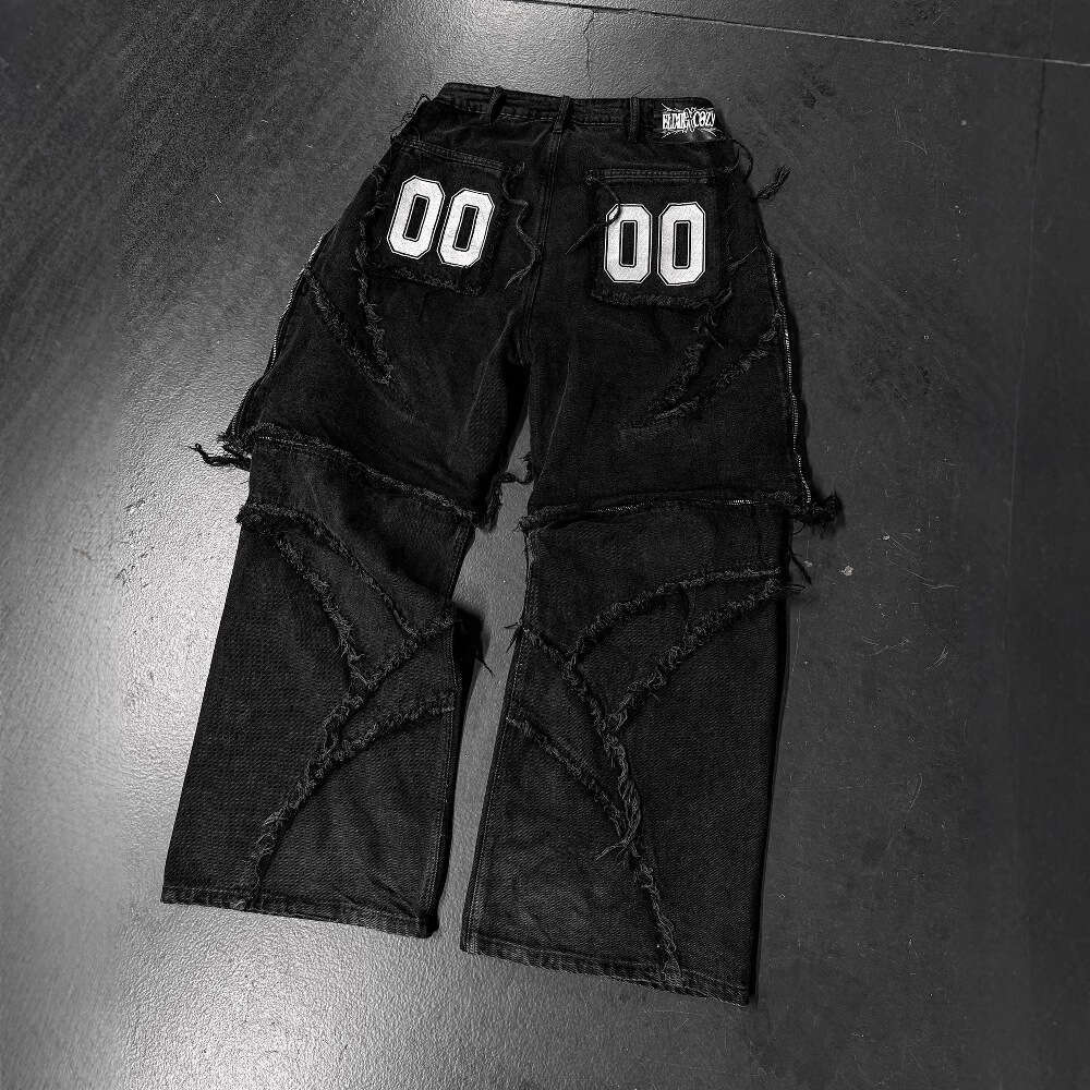 American Y2K Street Style Cozy Zipper Patchwork Detachable Loose Black Jeans Mid-Length Pants