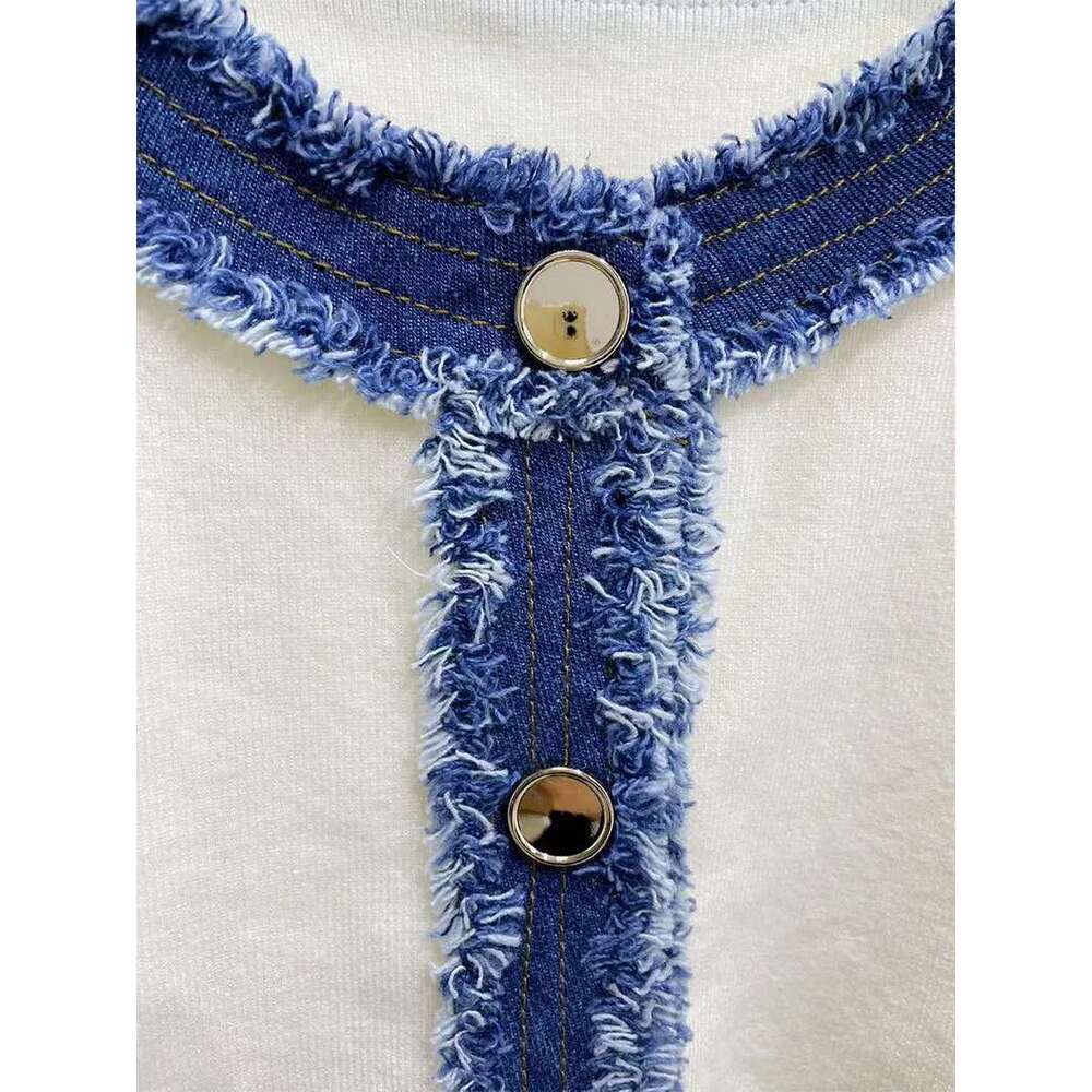 Cardigan 2025 new fashionable and elegant design sense denim splicing round neck long-sleeved knit sweater top woman