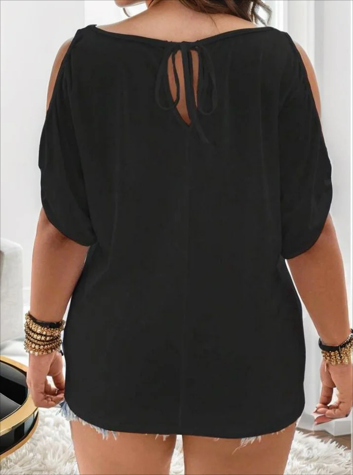 Plus Size Womens Solid Color Casual Off-shoulder T-shirt 250605