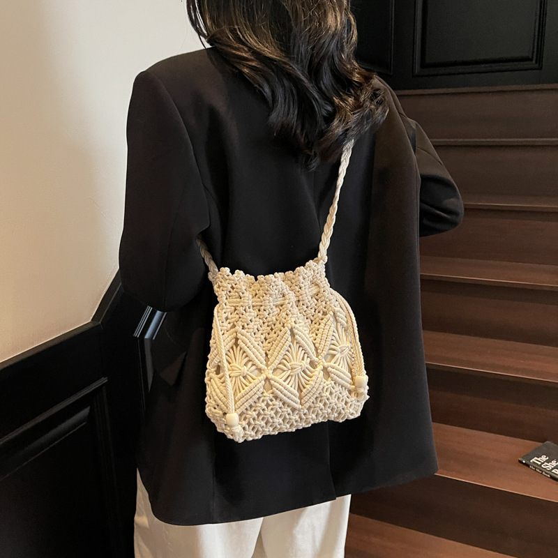 designer Woven Cotton Rope Bag for Women Summer Versatile 2025 New Fashion Niche Design Crossbody Bucket Bag Hollow Be